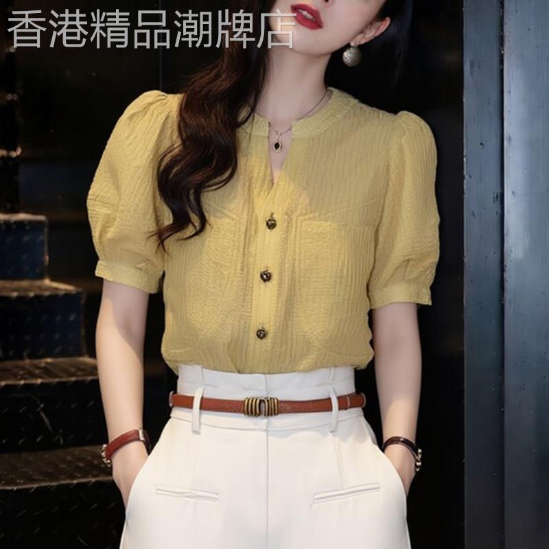 黄色短袖衬衫女2026新款夏季修身显瘦高级感洋派减龄设计感上衣女