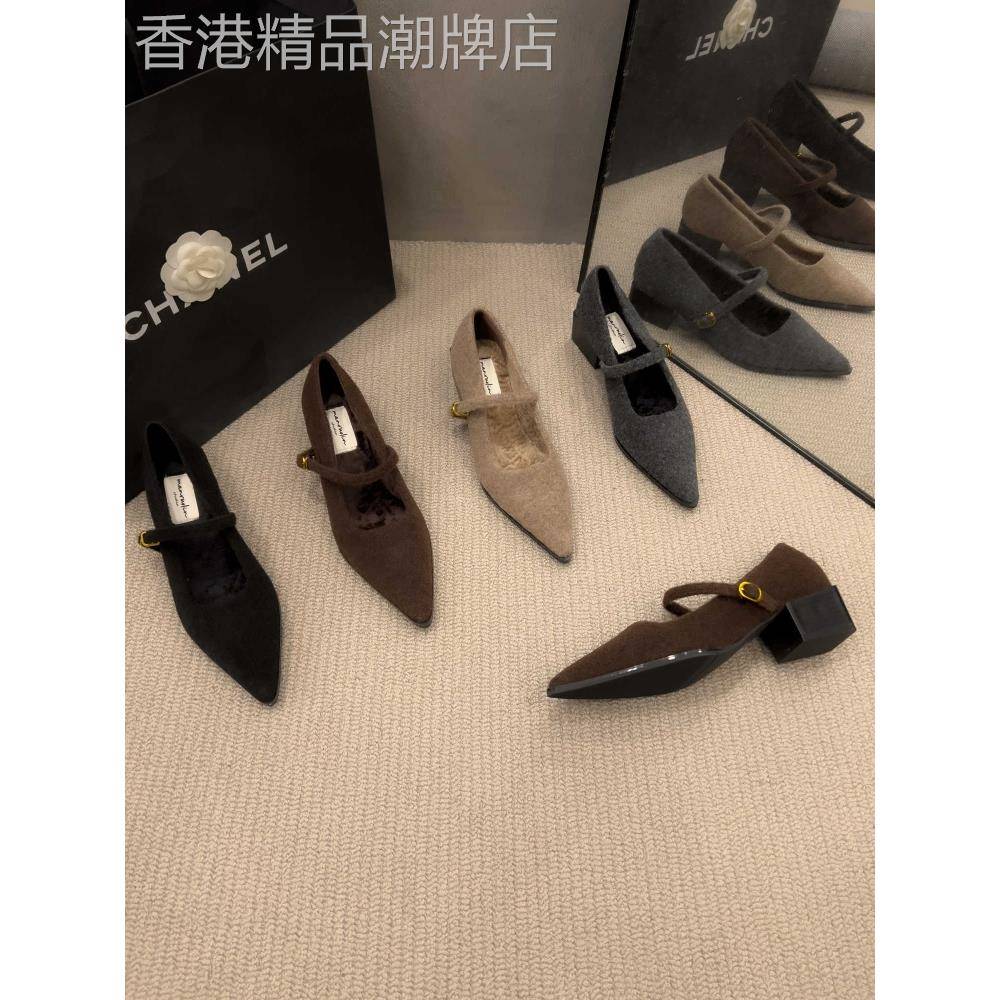 潮牌气质毛呢尖头浅口粗跟一字扣带女玛丽珍鞋内里加绒毛毛鞋