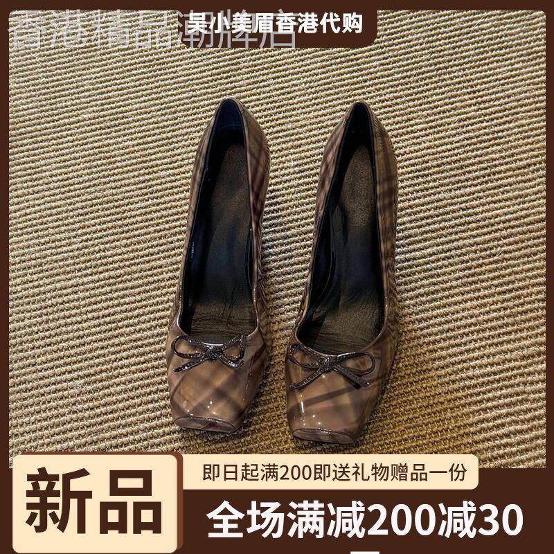 香港复古格纹方头高跟鞋女2026春夏新款蝴蝶结配裙子细跟浅口单鞋