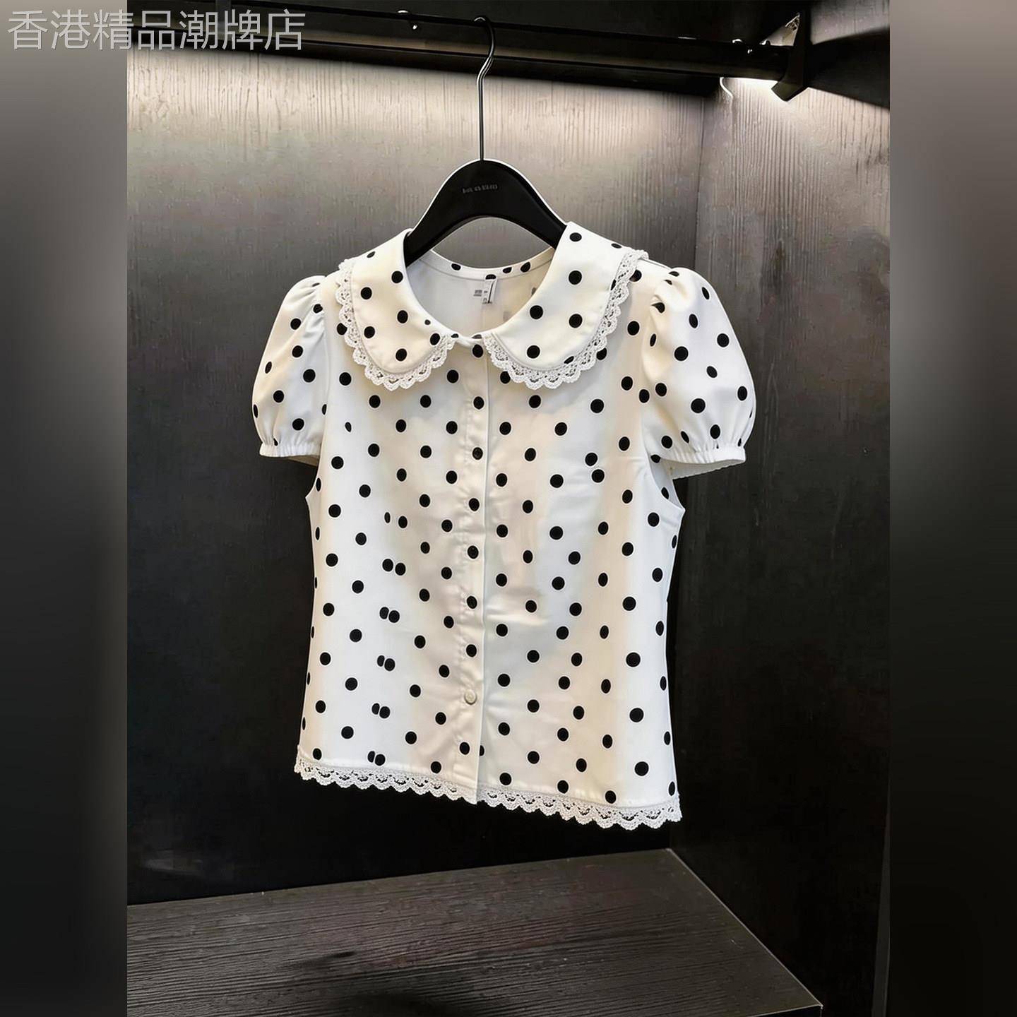 法式甜美风白色波点娃娃领短袖上衣女夏季新款蕾丝边时尚高端小衫