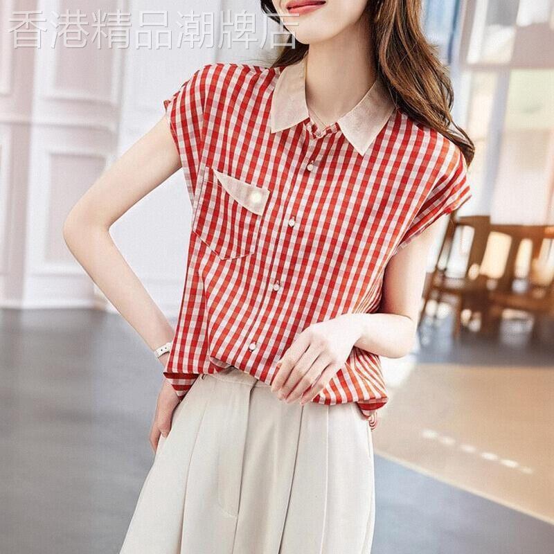 条纹撞色polo领雪纺衬衫女宽松夏季百搭短袖时尚减龄丝滑显瘦衬衣