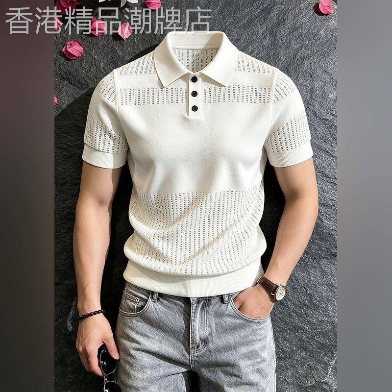高端男款人夫感穿搭针织短袖2026夏季翻领老钱风镂空冰丝polo衫潮