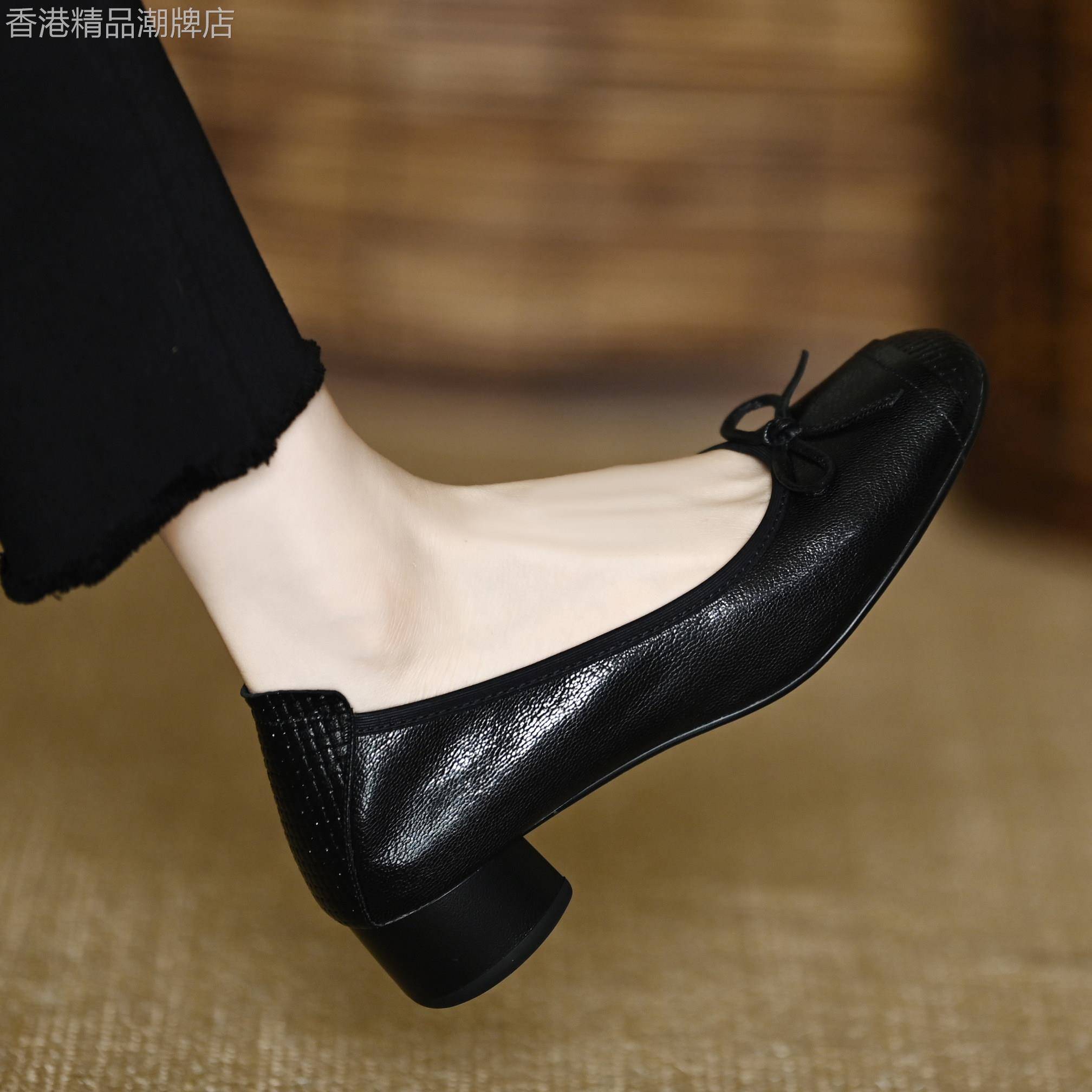 通勤浅口蝴蝶结中跟包鞋女秋季百搭软羊皮圆头舒适休闲粗跟奶奶鞋