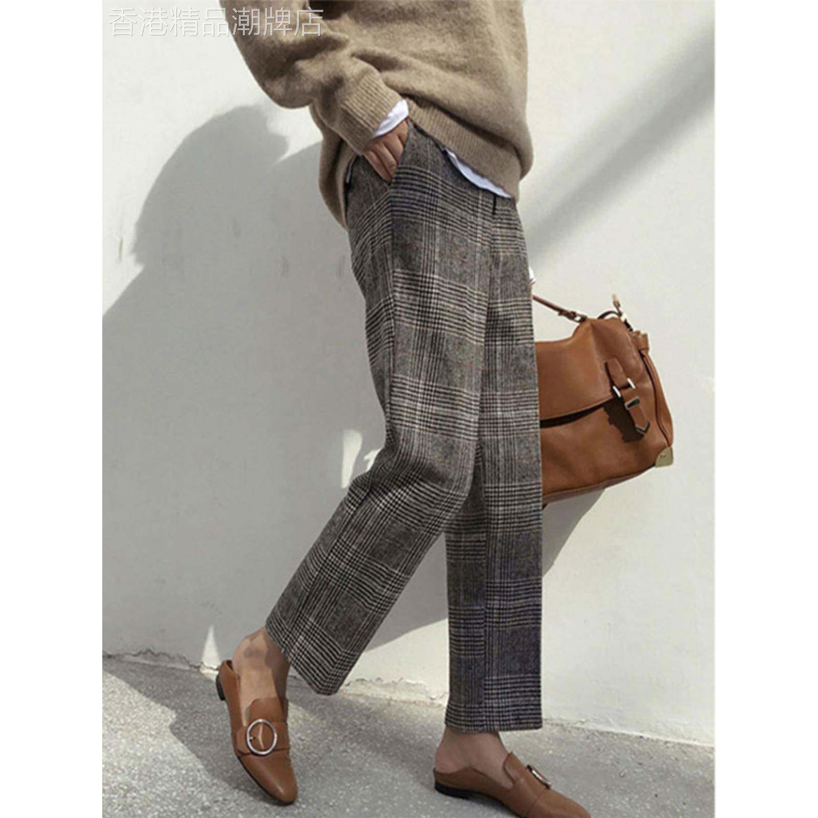 高档羊毛格纹秋裤新款女士别致优雅的小个子窄西装裤休闲小腿裤