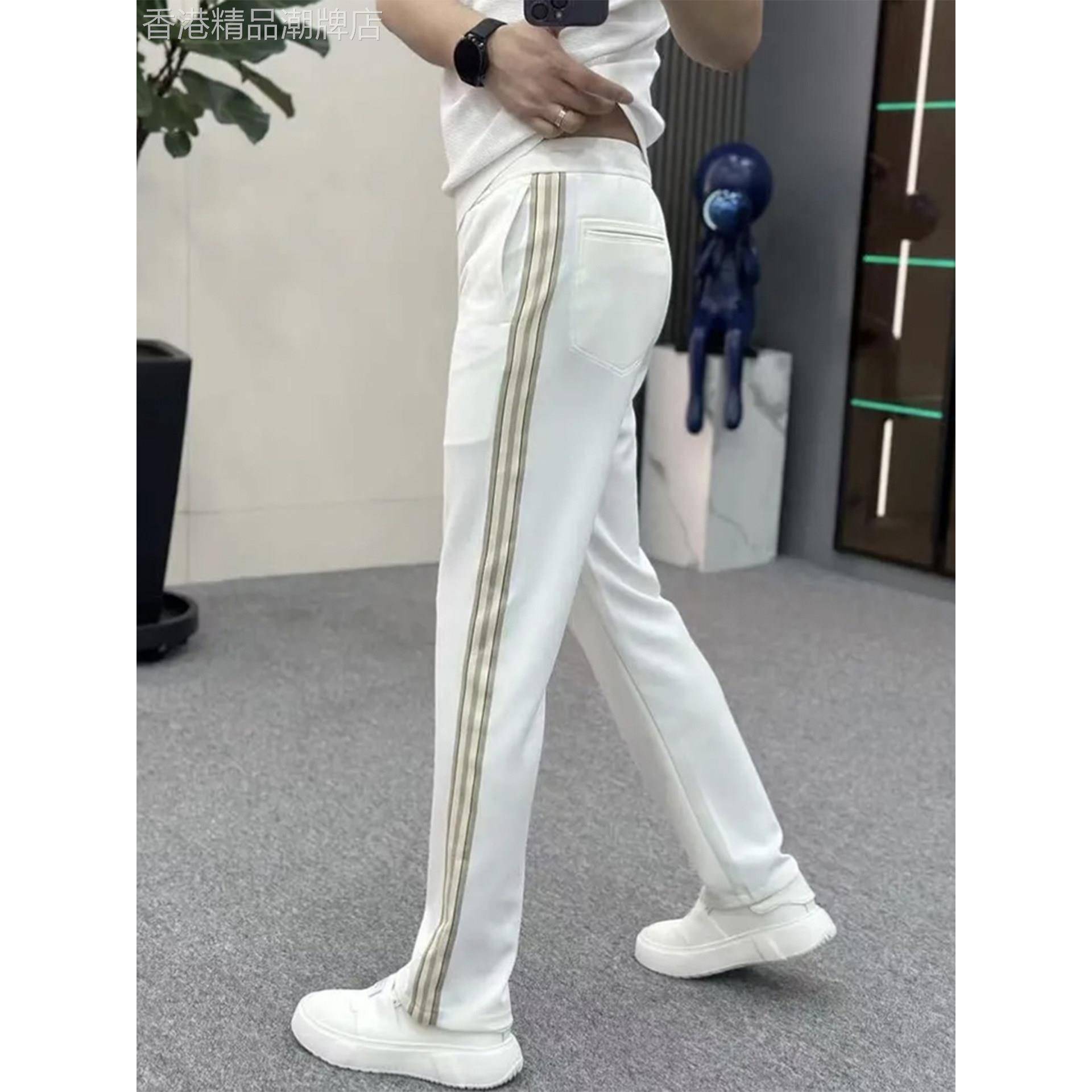 MK正品织带条纹休闲裤男春秋季高端小直脚白色运动卫裤男士长裤子