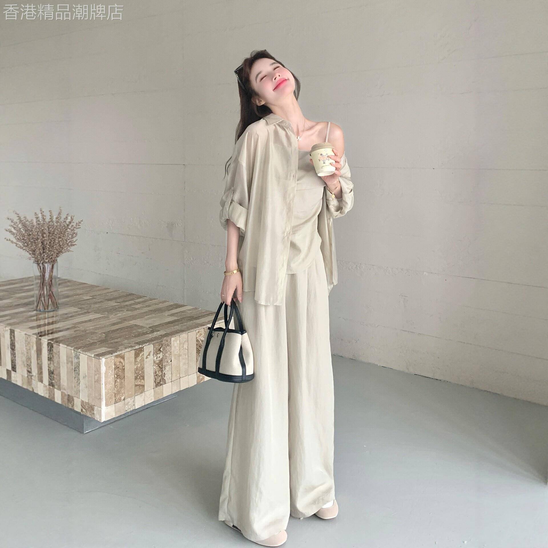 叠穿防晒衬衫吊带阔腿裤三件套女夏宽松慵懒松弛感老钱风穿搭套装