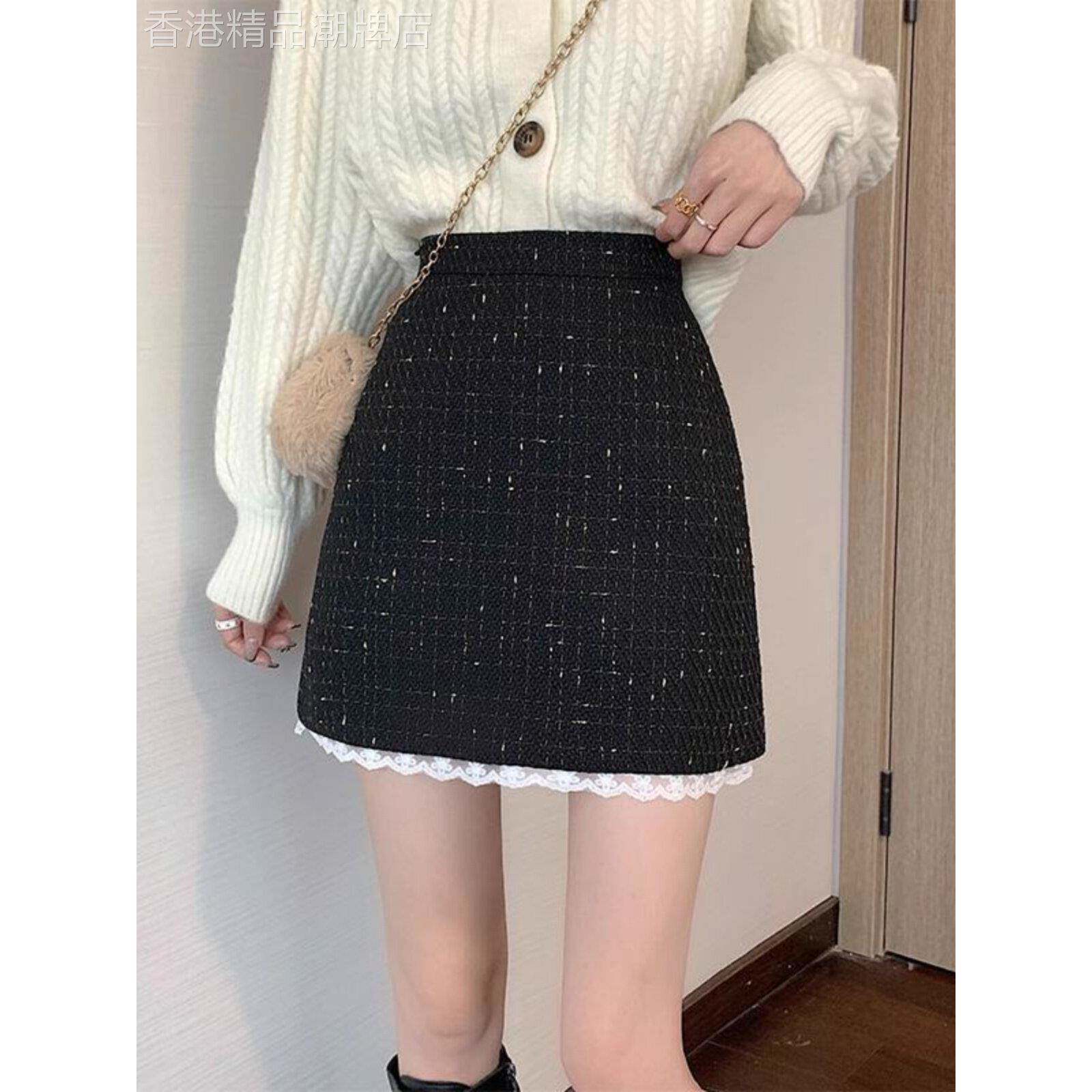 高腰显瘦拼接半身裙女秋冬2025新款小个子蕾丝拼接包臀毛呢短裙子