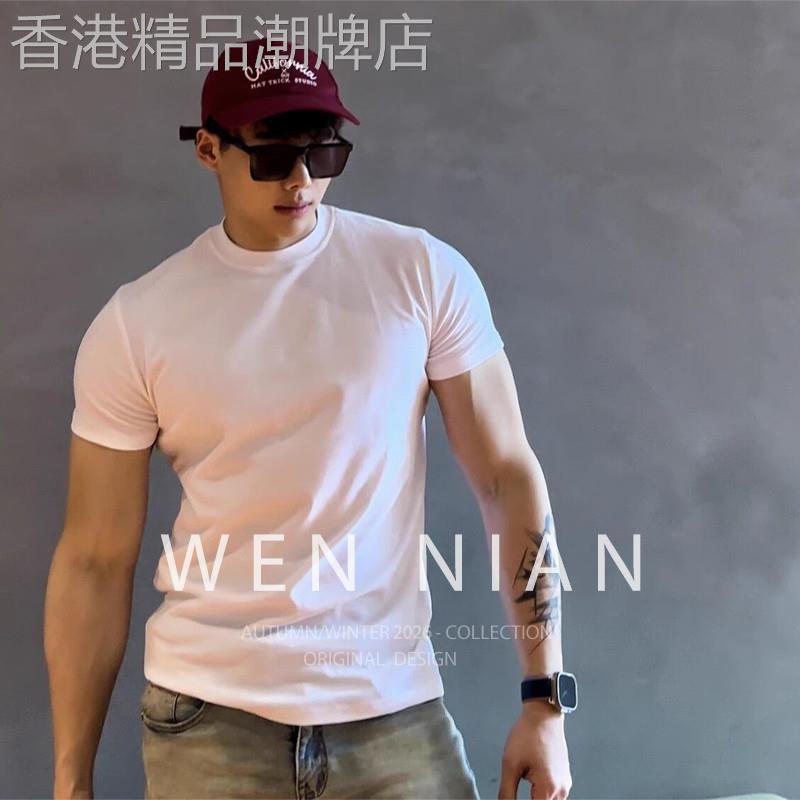 韩国WEN NIAN正肩收袖口短袖t恤男2026夏季美式健身运动上衣潮牌