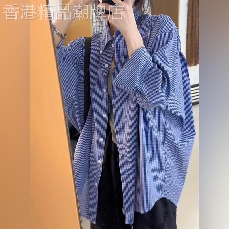 潮牌韩版宽松显瘦蓝色格子衬衫女长袖大码百搭休闲慵懒风衬衣