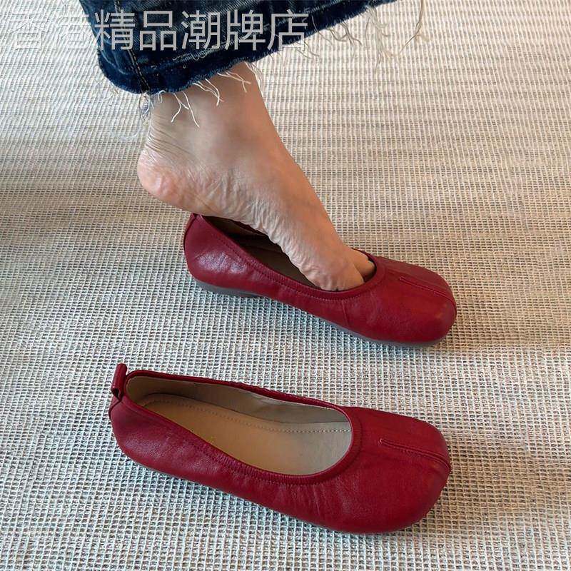 羊皮版红色复古平底单鞋女2026新款秋季配裙子一脚蹬豆豆鞋奶奶鞋