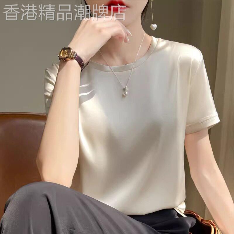 圆领丝滑缎面短袖T恤女夏季正肩宽松大尺码打底衫纯色高端T恤上衣