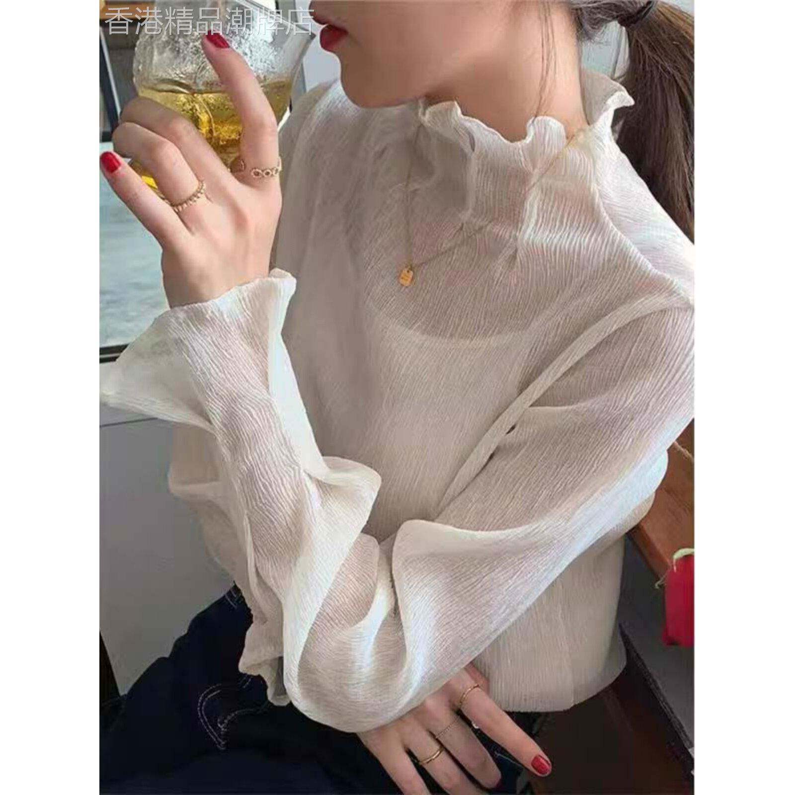 雪纺网纱打底衫女春秋2025年欧货新款木耳边高领内搭洋气百搭上衣
