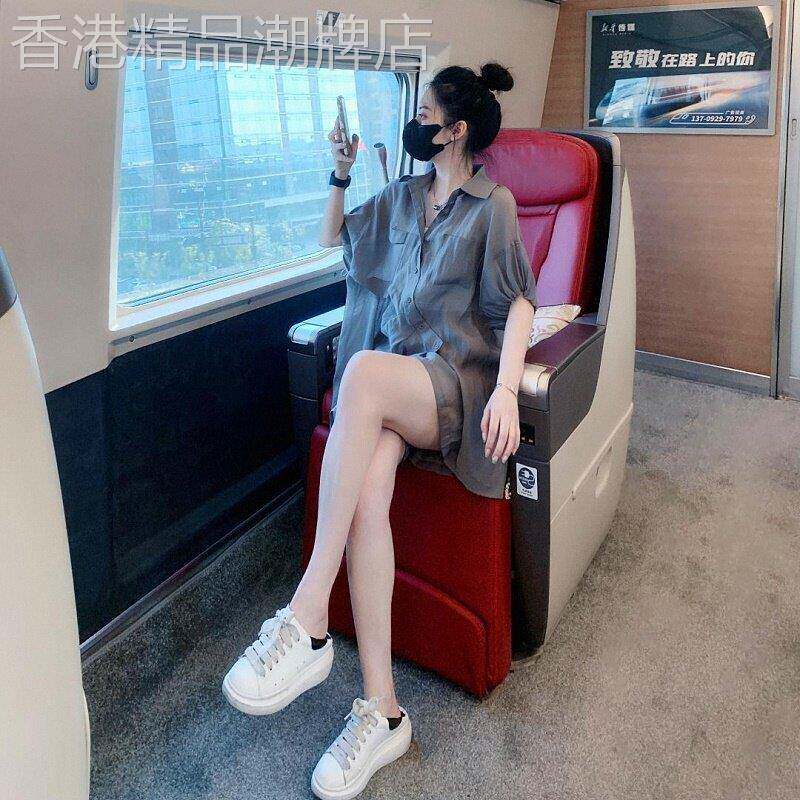 不规则防晒衬衫套装女夏欧货泡泡灯笼短袖衬衫薄款短裤胖mm两件套