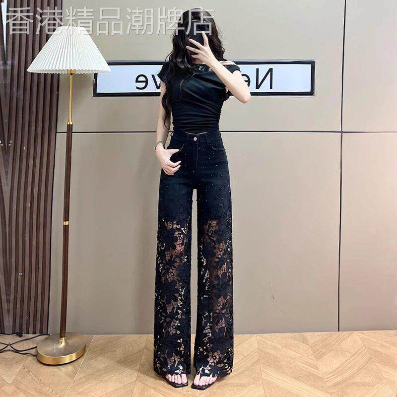 黑色阔腿牛仔裤女夏薄款2026新款小个子高腰烫钻蕾丝镂空直筒裤子