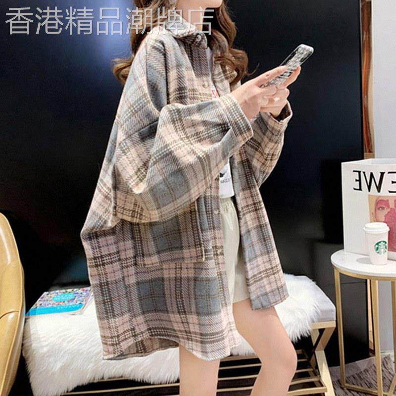 磨毛加厚中长款格子衬衫女春秋欧货爆款毛呢长袖宽松复古衬衣外套