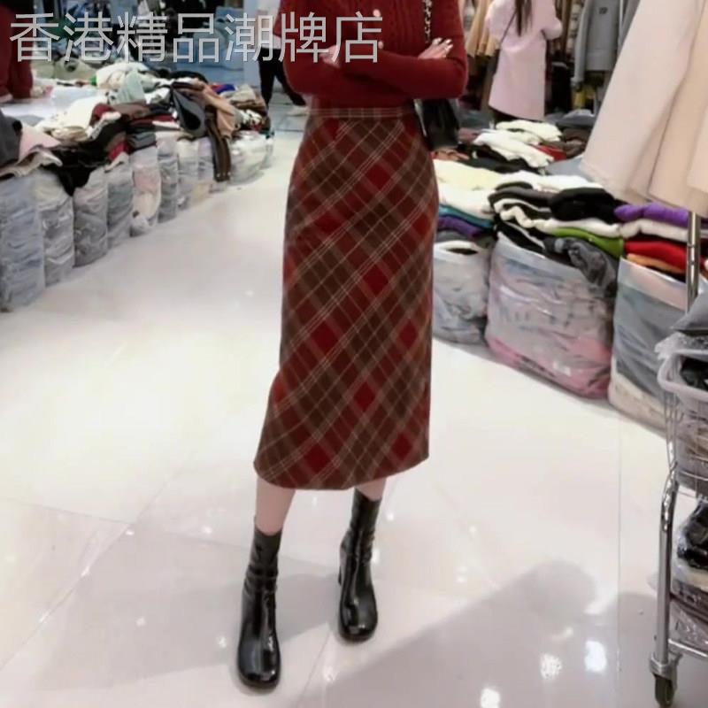 安可拉红格纹半身裙女2026春季新款时髦感百搭复古高腰显瘦直筒裙