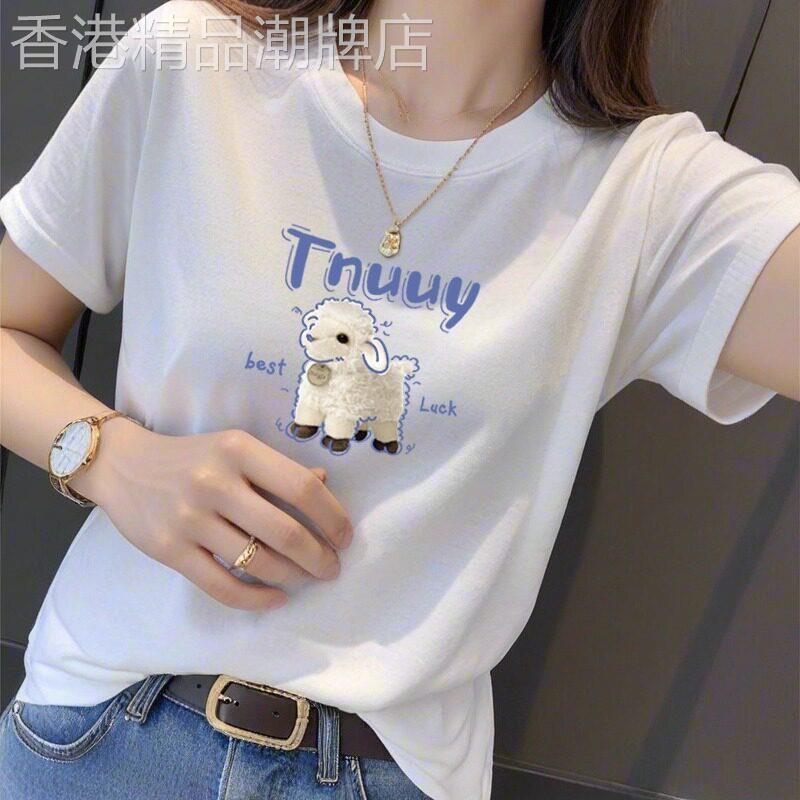 纯棉白色短袖T恤女夏季新款正肩休闲百搭卡通T恤小个子半袖上衣潮