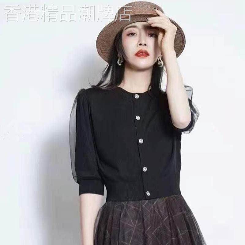 2025年夏季新款女网纱拼接冰丝针织开衫复古高级黑色半袖短款上衣