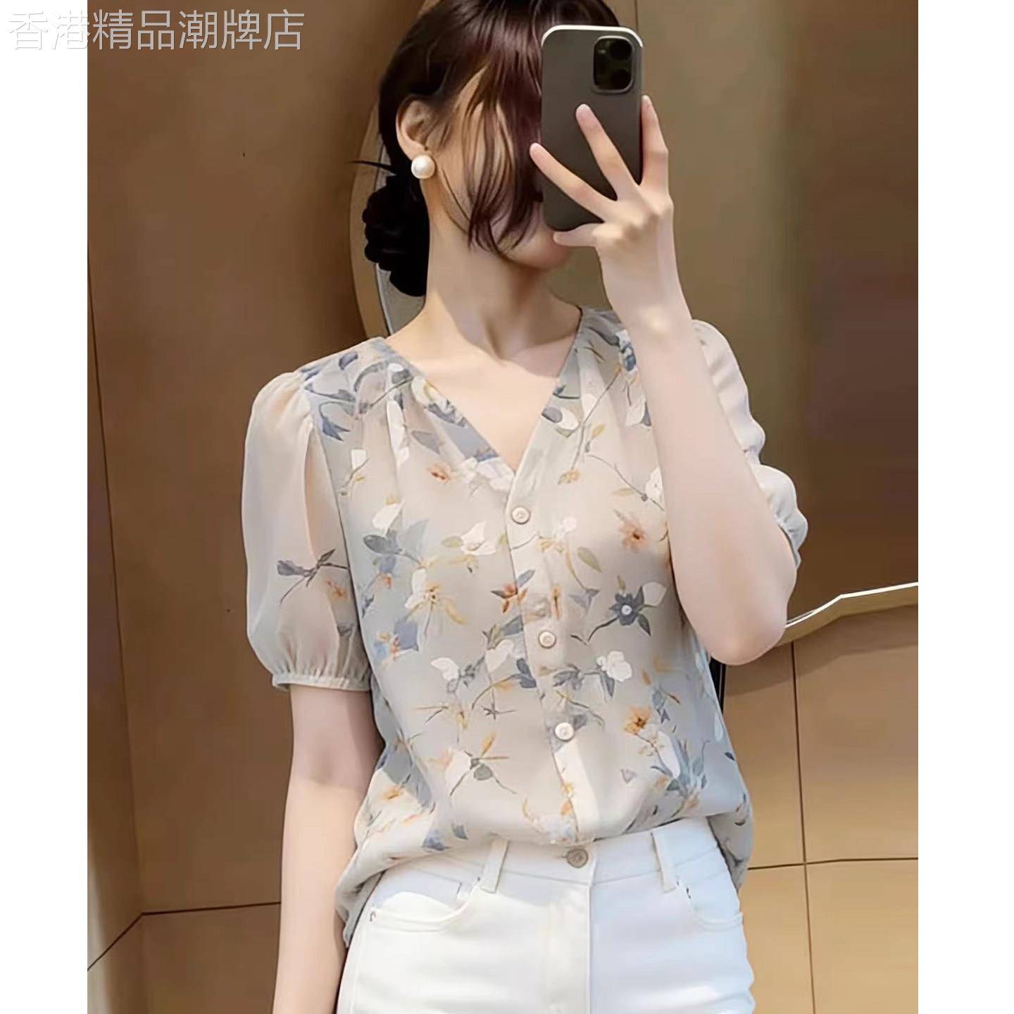 法式减龄碎花短袖女生衬衫夏季2026年新款宽松漂亮雪纺衫显瘦上衣