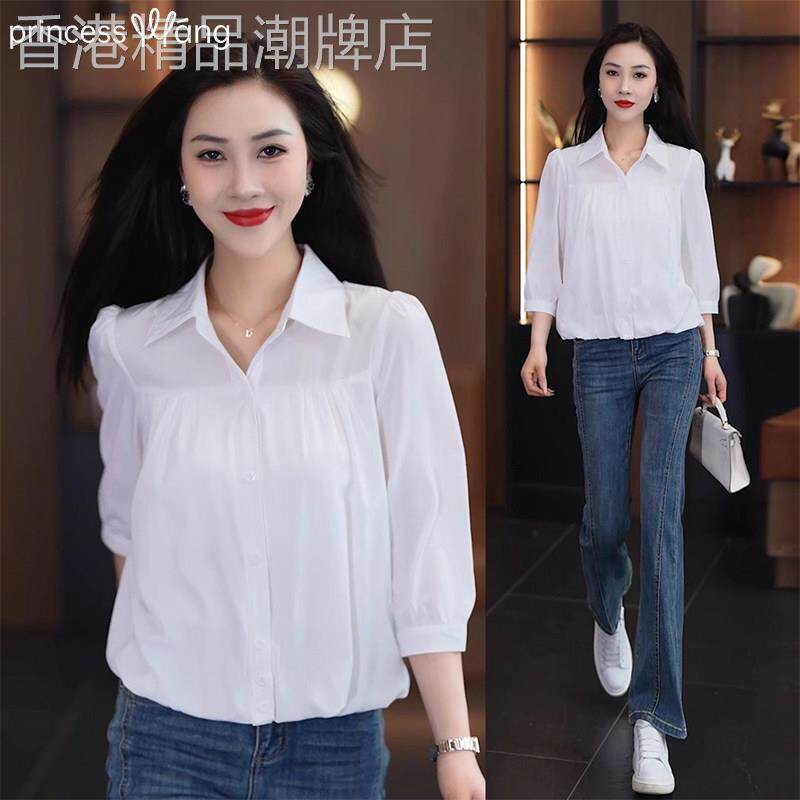 白色衬衫女夏季薄款2026新款休闲宽松显瘦七分袖衬衣女韩版设计感
