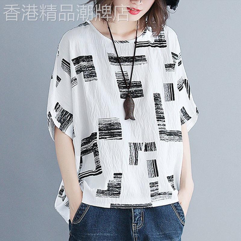 2026夏季新款时尚休闲棉麻短袖t恤女宽松遮肚显瘦蝙蝠袖上衣薄款