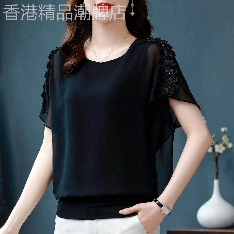 上衣女短袖夏装透气薄款时尚气质妈妈宽松遮肚子洋气显瘦雪纺小衫