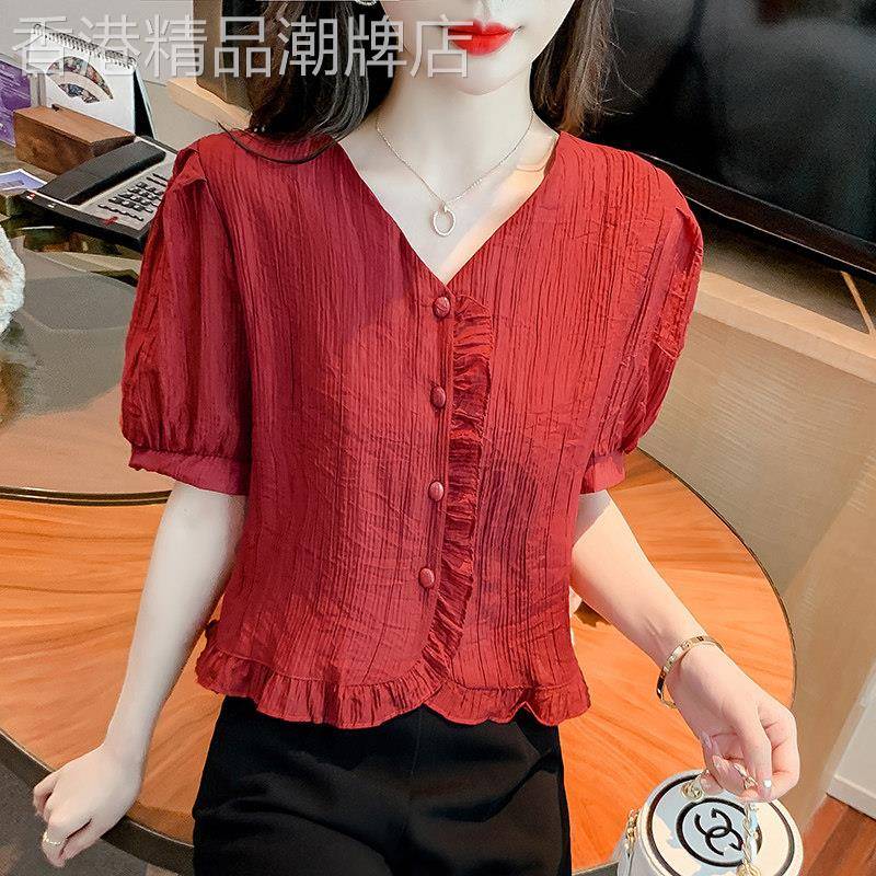 红色雪纺衬衫女短袖夏季2026新款洋派V领气质小衫短款泡泡袖上衣