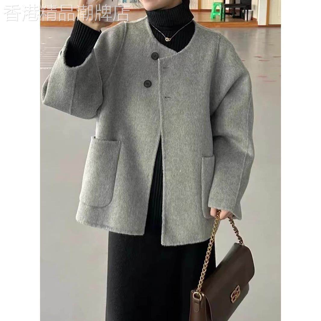 香港大码胖mm赫本风短款毛呢外套女秋冬季宽松显瘦高级感西装大衣
