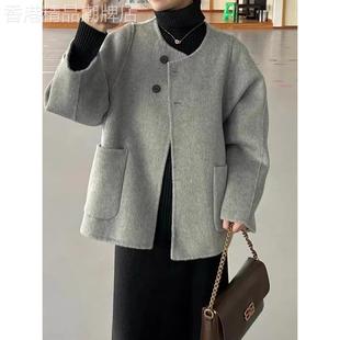 香港大码胖mm赫本风短款毛呢外套女秋冬季宽松显瘦高级感西装大衣