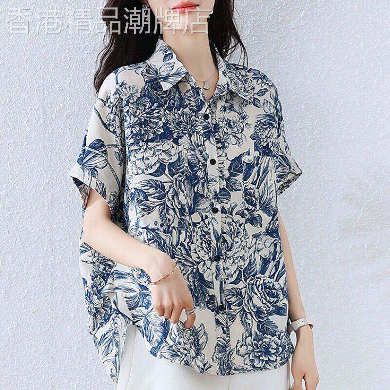 高级感青花瓷时尚印花衬衫夏季新款轻奢减龄洋派小衫独特短袖上衣