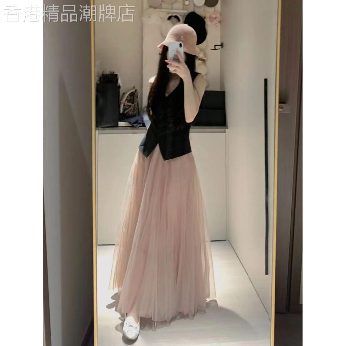 粉色中长款网纱半身裙女春秋欧货高腰显瘦甜美气质垂感大摆伞裙