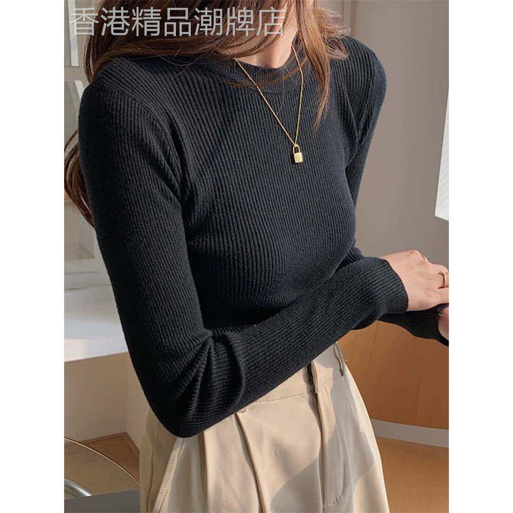 显瘦正肩圆领针织打底衫女秋冬修身紧身毛衣内搭长袖t恤黑色上衣
