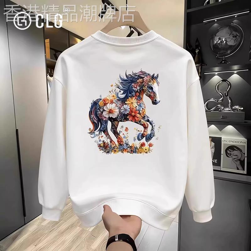 香港CLG潮牌国潮马年本命年秋冬酒红色圆领卫衣宽松休闲套头上衣