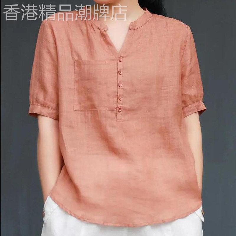 棉麻衬衫女夏季薄款宽松大码文艺气质短袖V领纯色休闲显瘦上衣潮