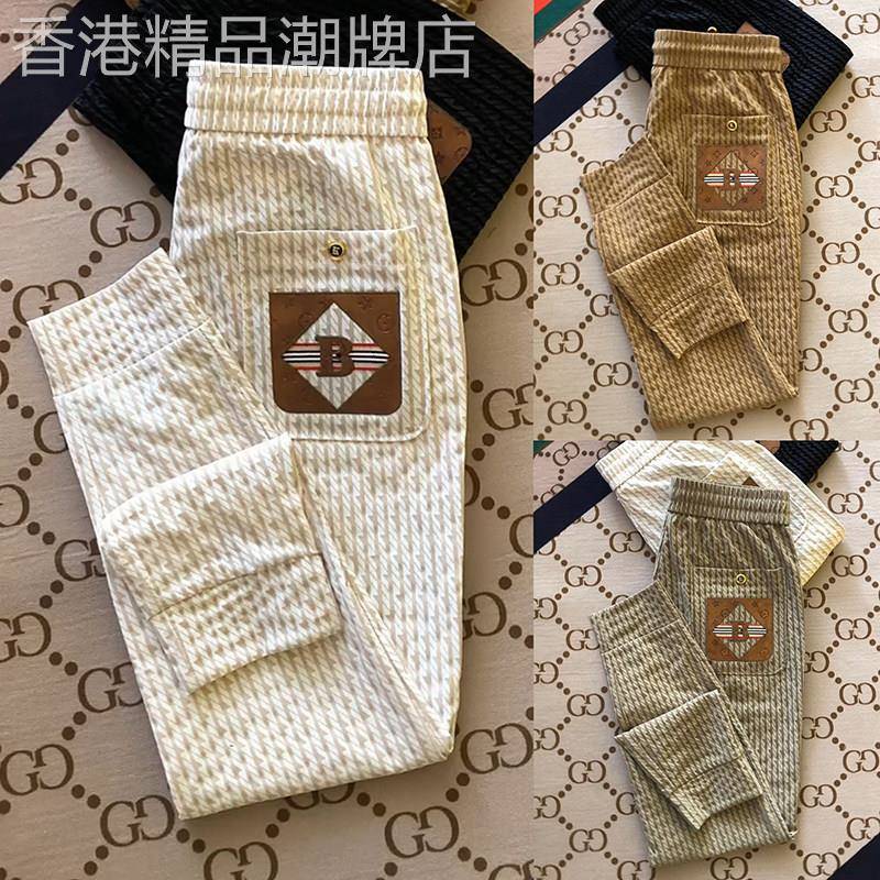 潮牌韩版潮流冰丝速干条纹休闲裤男士薄款运动卫裤束脚弹力哈伦裤