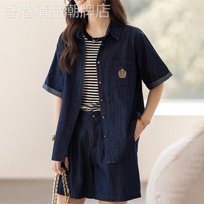 潮牌牛仔套装女夏季大码女装胖mm时髦高级感一整套短裤衬衫两件套