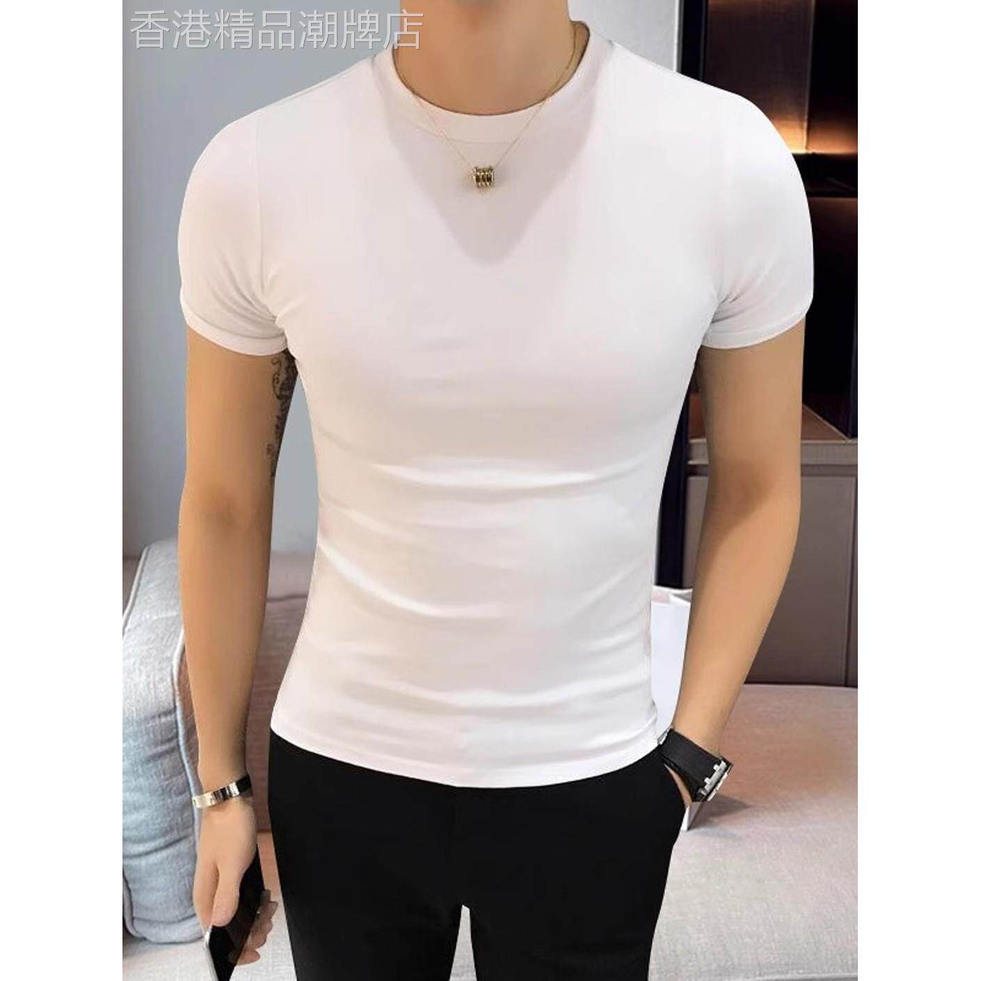 高端男士短袖t恤韩版修身纯棉圆领健身紧身弹力黑白色打底衫半袖