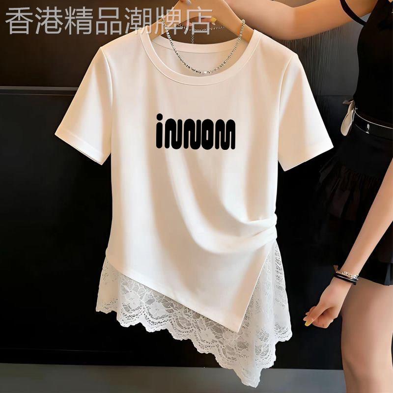 白色甜美显瘦短袖T恤女蕾丝拼接下摆别致印花打底衫时尚洋派上衣