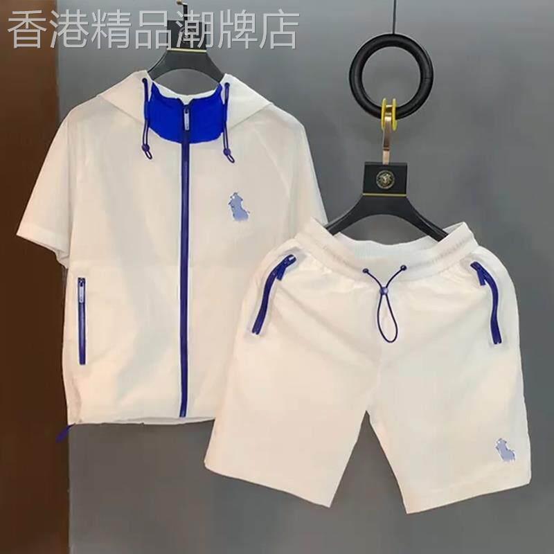 潮牌冰丝速干运动套装男士夏季潮流简约轻薄开衫短袖短裤两件套潮