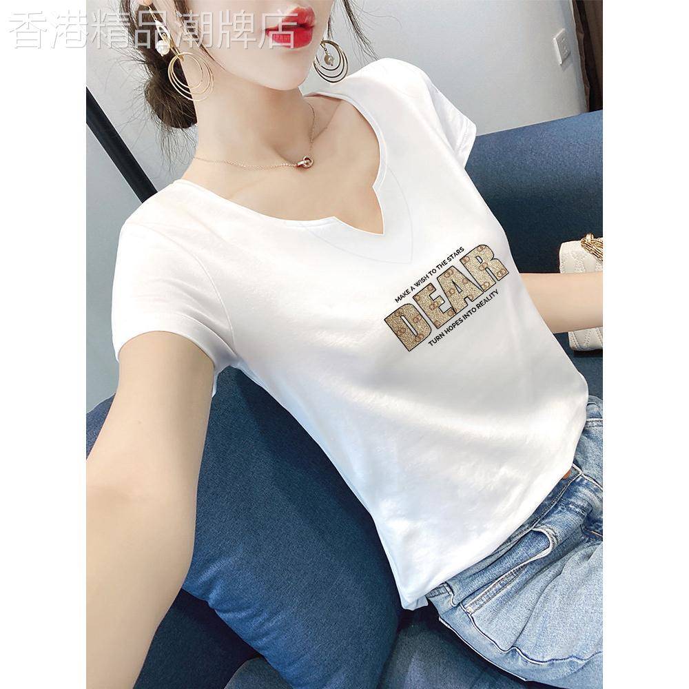 短袖t恤女小V领修身棉质2026夏季新款韩版百搭显瘦体恤紧身上衣