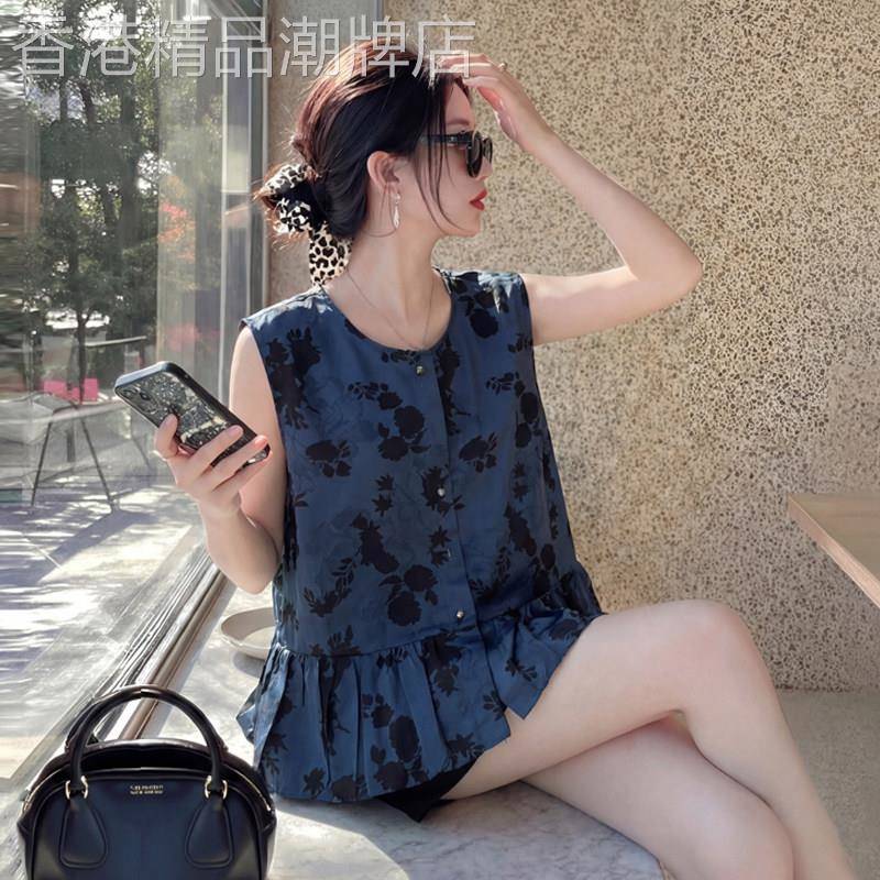 复古风深蓝色印花无袖上衣女2026夏季新款大码宽松舒适荷叶边衬衫