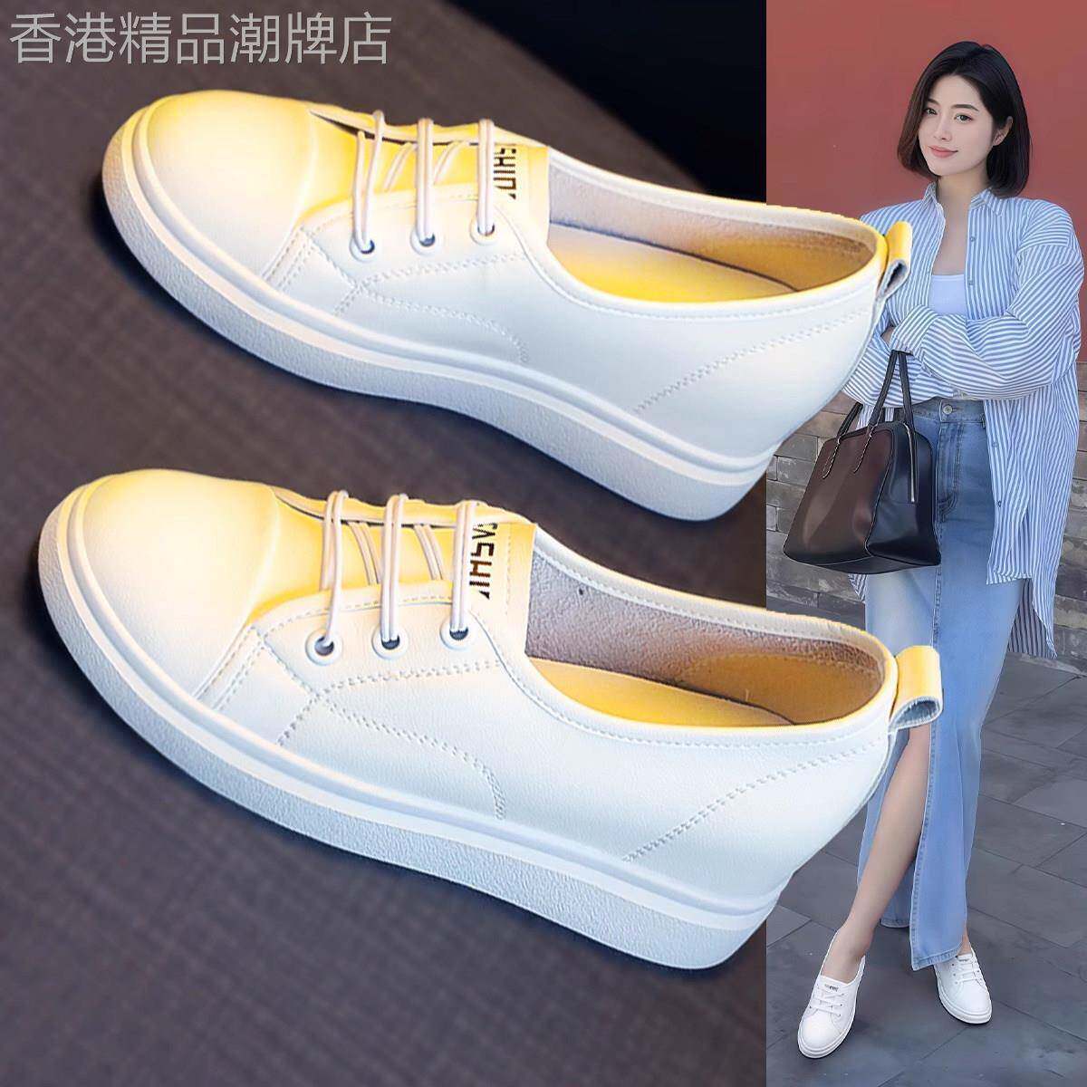 香港真皮内增高浅口单鞋女2025夏季新款圆头百搭不累脚坡跟小白鞋