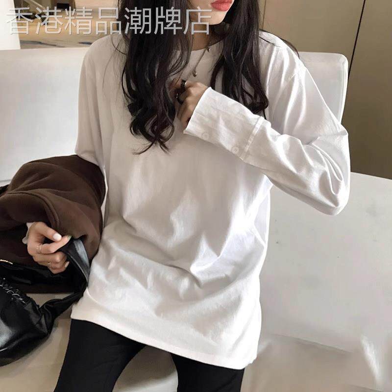 拉丝白色长袖女式t恤2025春秋季新款圆领底衬衫宽松中长上衣