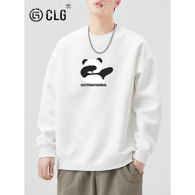 香港Clg时尚品牌卡通熊猫印花宽松运动衫男士厚天鹅绒休闲长袖圆