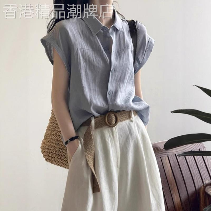 法式慵懒风蓝色棉麻短袖衬衫女夏季薄款衬衫高级感宽松1/4吋套筒图片