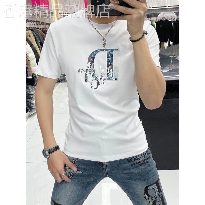 欧洲站潮牌丝光棉烫印短袖t恤男士夏季新款时尚冰丝圆领修身半袖