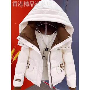 高品质撞色里连帽羽绒服女士短款遮肉外套2025年冬季爆款防风保暖