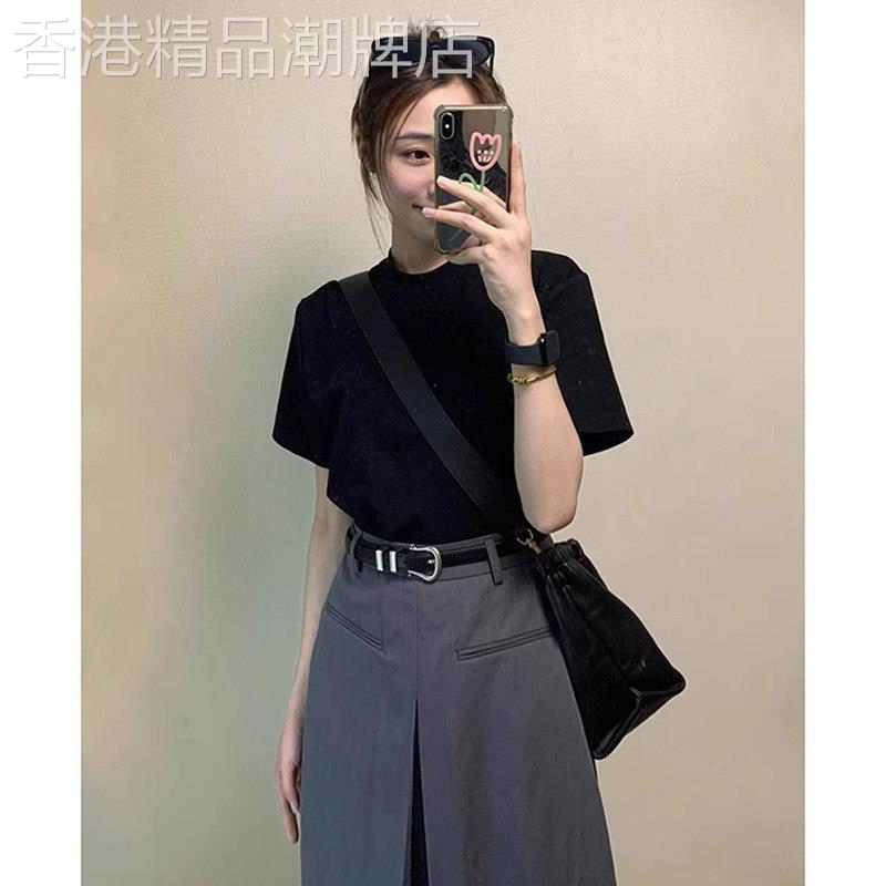黑色正肩短袖t恤女士夏季薄款2025新款宽松显瘦纯棉半袖体恤上衣