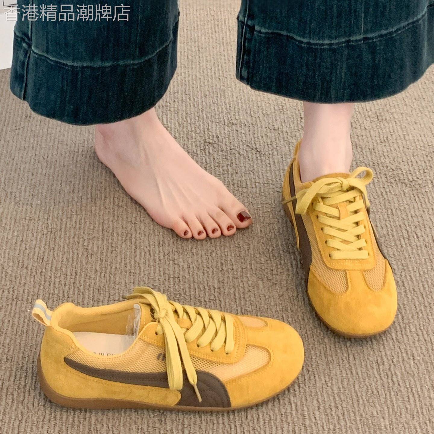 英国真皮黄色德训鞋女2026新款复古夏季网面透气休闲网鞋阿甘板鞋