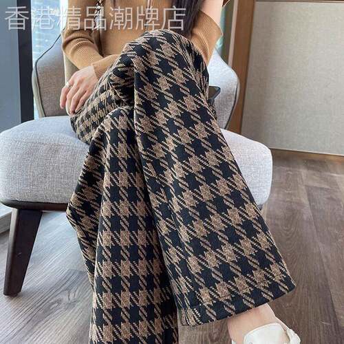 毛呢阔腿裤女2025新款秋冬加绒格子裤子高腰垂感宽松直筒休闲裤